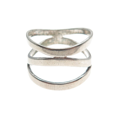 925 Sterling Silver Vintage Modernist Wavy 3-Row Oxidized Ring Size 8.75