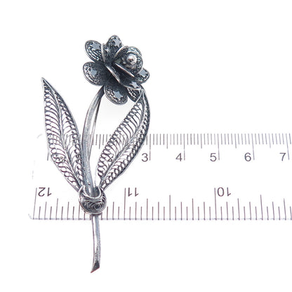 925 Sterling Silver Vintage Flower Filigree Oxidized Pin Brooch