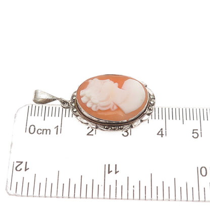 800 Silver Antique Art Deco Real MOP & Marcasite Carved Lady Cameo Charm Pendant
