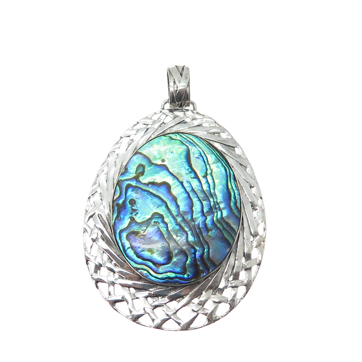 925 Sterling Silver Vintage Real Abalone Shell Ornate Large Teardrop Pendant
