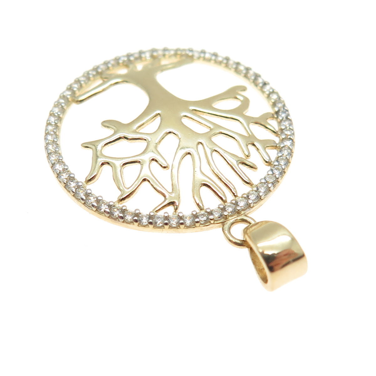 14K Yellow Gold Round-Cut C Z Tree of Life Minimalist Charm Pendant