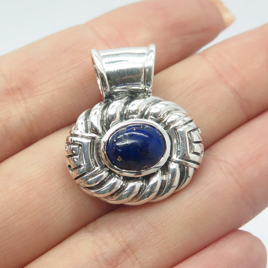 925 Sterling Silver Vintage Real Lapis Lazuli Gemstone Ribbed Slide Pendant