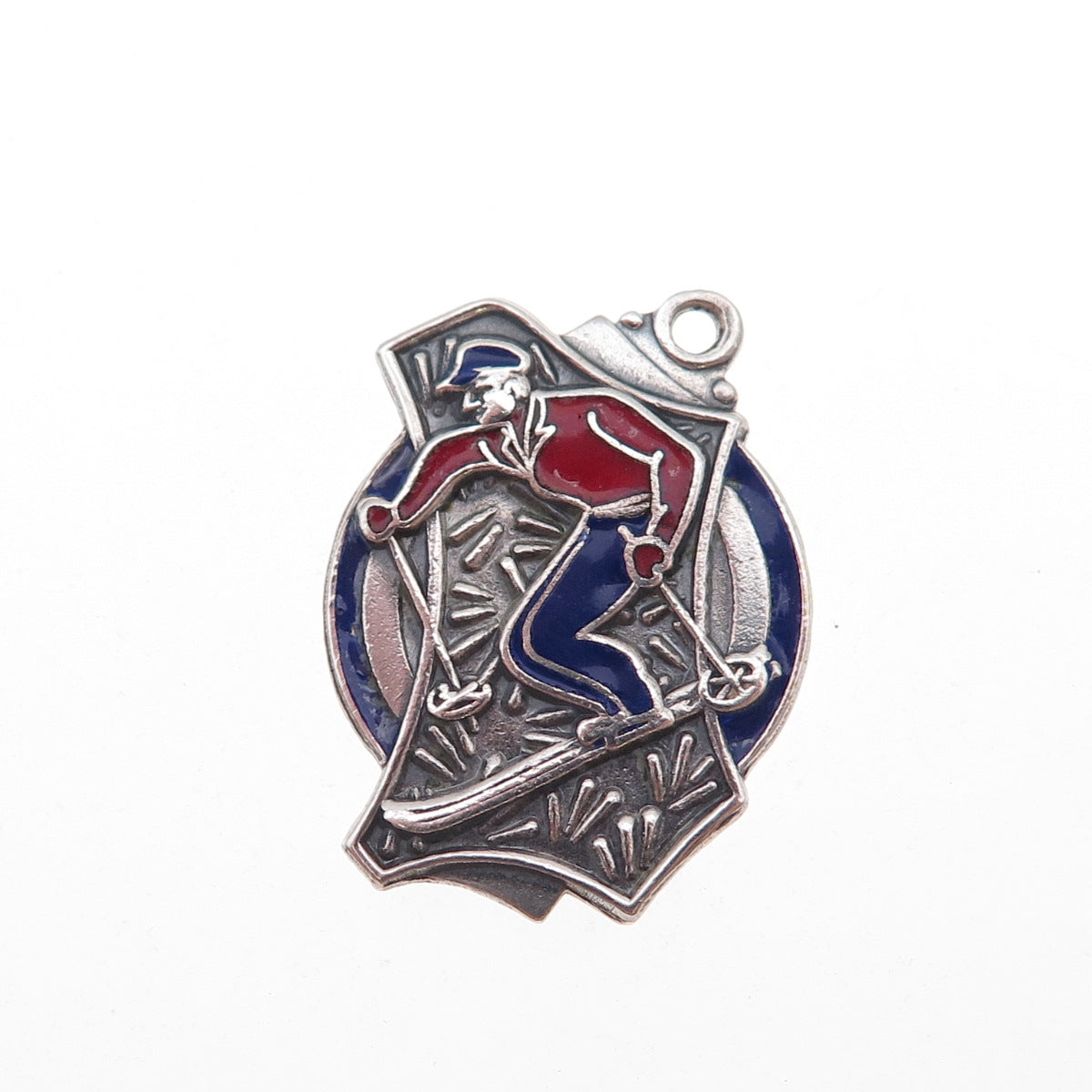 925 Sterling Silver Vintage Enamel Downhill Skier Oxidized Charm Pendant