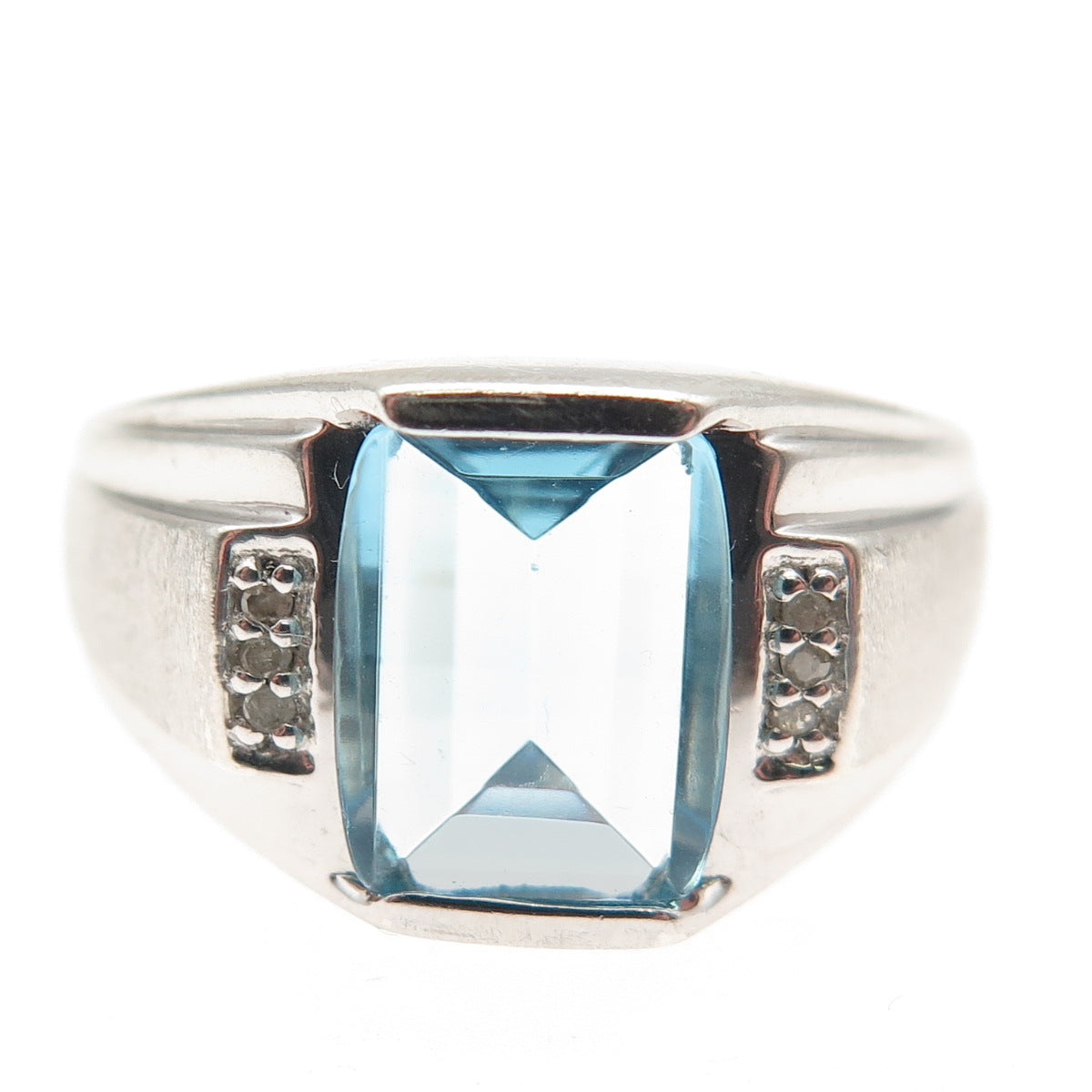 925 Sterling Silver Real Diamond & Blue C Z Modernist Ring Size 10.25