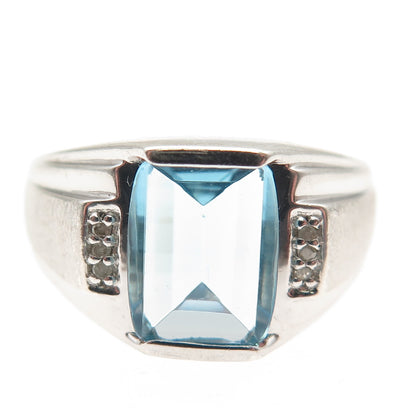 925 Sterling Silver Real Diamond & Blue C Z Modernist Ring Size 10.25