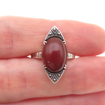 925 Sterling Silver Antique Art Deco Real Carnelian & Marcasite Ring Size 5