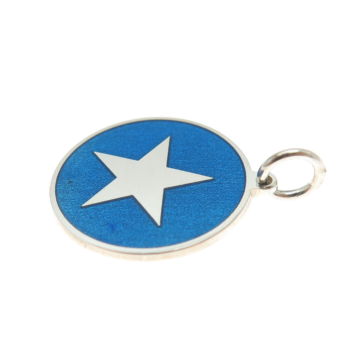 925 Sterling Silver Blue Enamel Star Minimalist Round Tag Charm Pendant