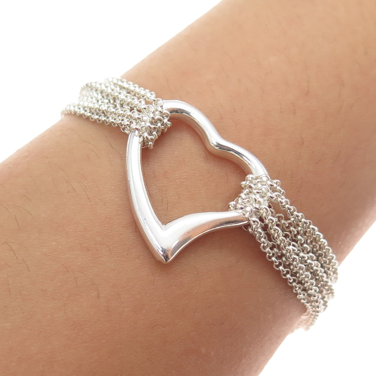 925 Sterling Silver Vintage Italy Heart Multi-Strand Rolo Link Bracelet 6.75"
