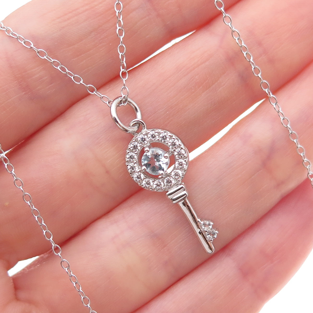 Dee Berkle Sterling Silver Real Blue Topaz & C Z Key Cable Chain Necklace 18"