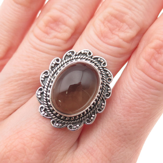 925 Sterling Silver Vintage Real Smoky Quartz Floral Oxidized Ring Size 6.75