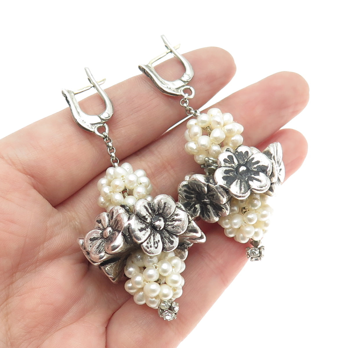 925 Sterling Silver Vintage Real Pearl & C Z Flower Blossom Dangling Earrings