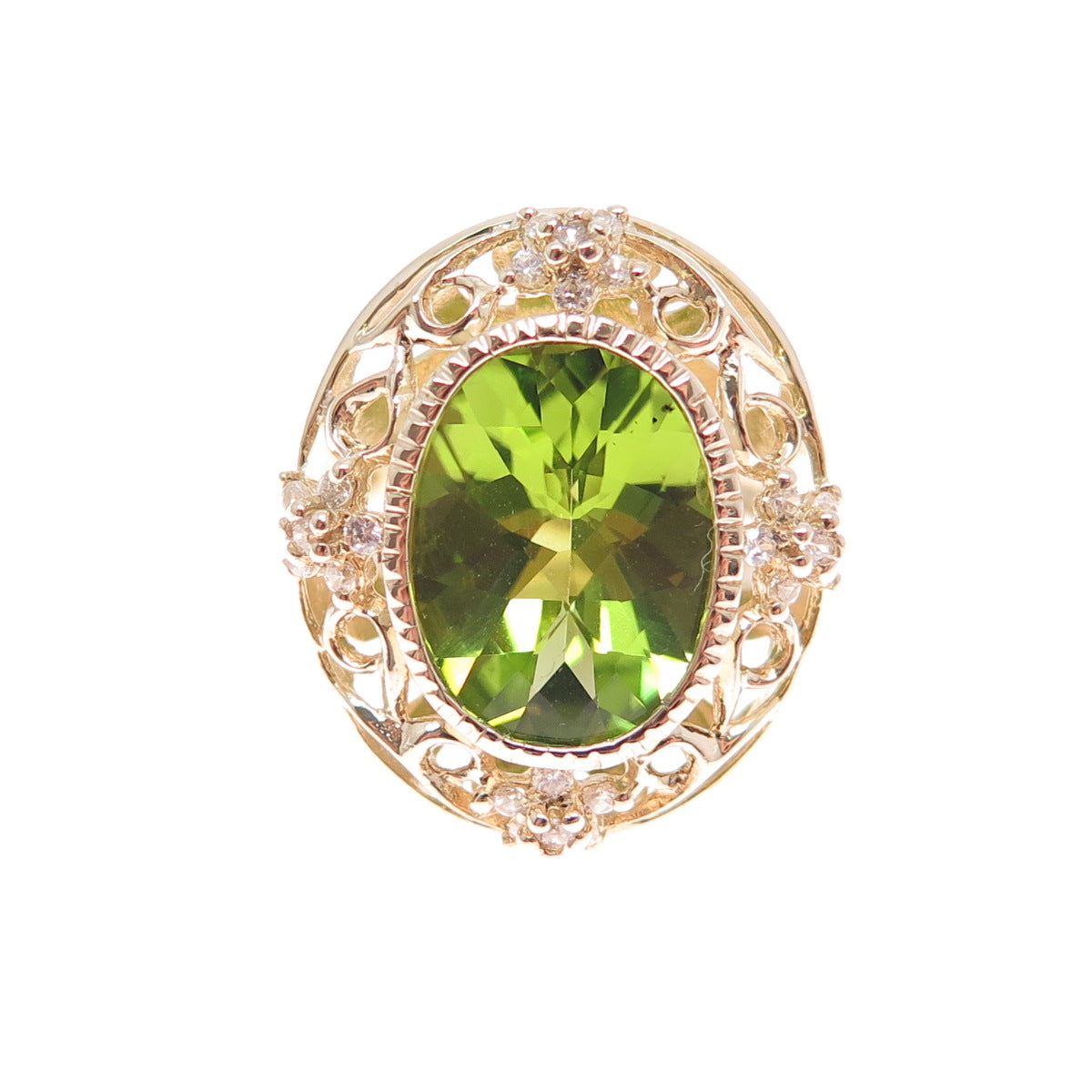 925 Sterling Silver Gold Plated Real Oval-Cut Peridot & C Z Ring Size 6.25