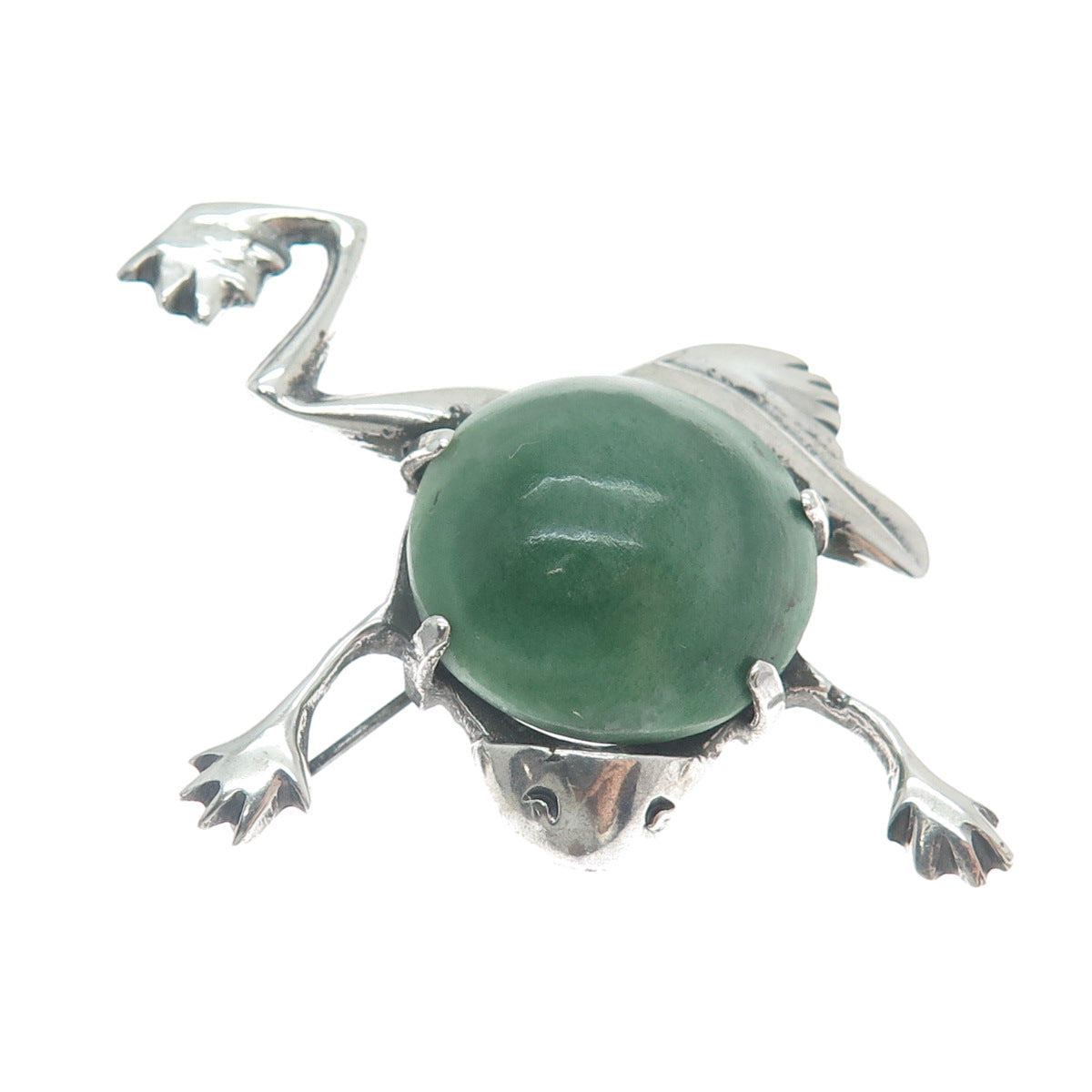 925 Sterling Silver Vintage Mexico Real Aventurine Frog Oxidized Pin Brooch