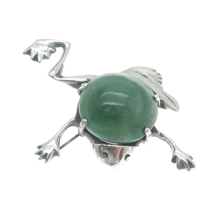 925 Sterling Silver Vintage Mexico Real Aventurine Frog Oxidized Pin Brooch