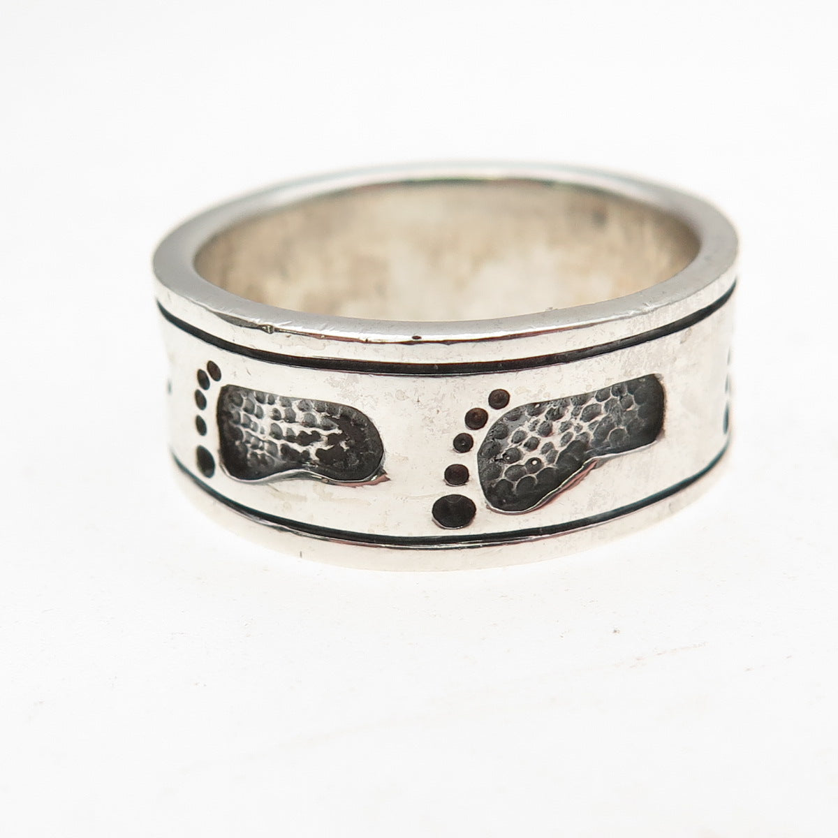 925 Sterling Silver Vintage Footprints Oxidized Band Ring Size 9