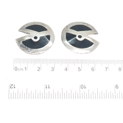 925 Sterling Silver Vintage Mexico Real Black Onyx Modernist Clip On Earrings