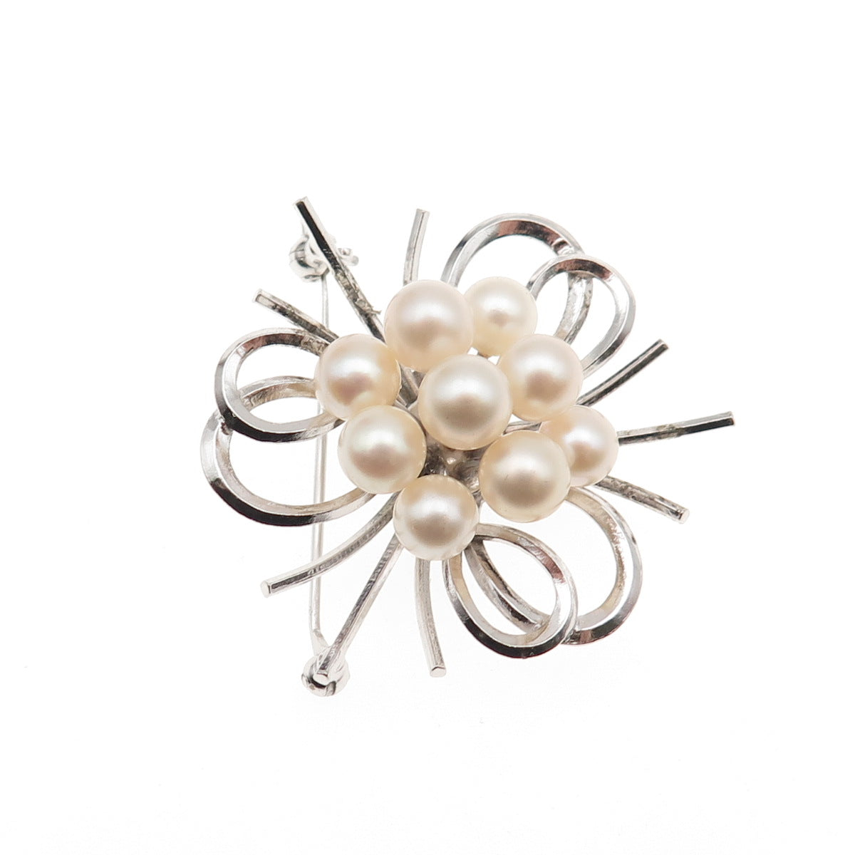 925 Sterling Silver Antique Art Deco Real Akoya Pearl Floral Pin Brooch