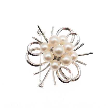 925 Sterling Silver Antique Art Deco Real Akoya Pearl Floral Pin Brooch