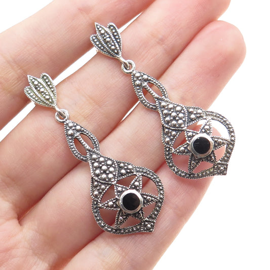 925 Sterling Silver Vintage Real Black Onyx & Marcasite Sun Oxidized Earrings