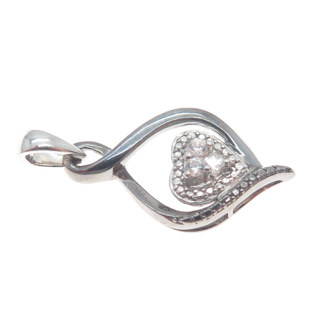 925 Sterling Silver Black Rhodium Round-Cut C Z Twisted Heart Charm Pendant