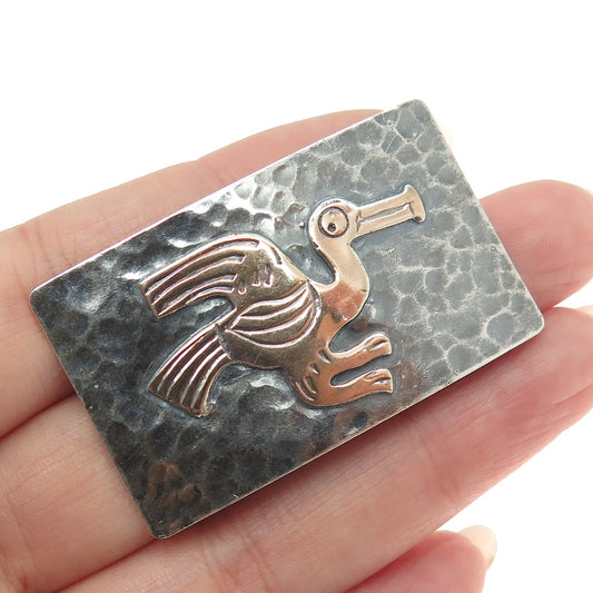 925 Sterling Silver 2-Tone Vintage Pelican Bird Tribal Oxidized Pin Brooch