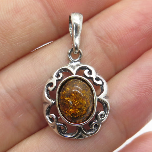 925 Sterling Silver Vintage Real Baltic Amber Ornate Frame Pendant