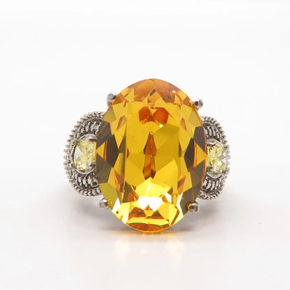 925 Sterling Silver Vintage Imperial Rhinestone & Yellow C Z Ring Size 7