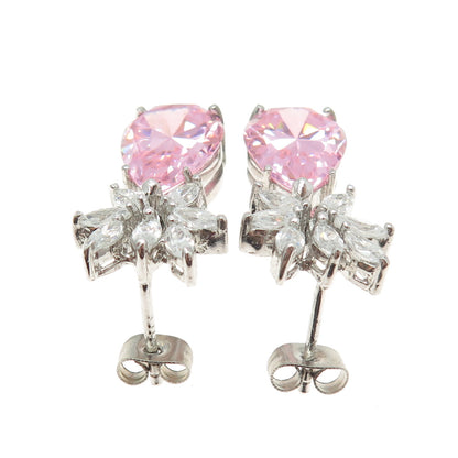 925 Sterling Silver Pear-Cut Pink & Marquise White C Z Floral Earrings