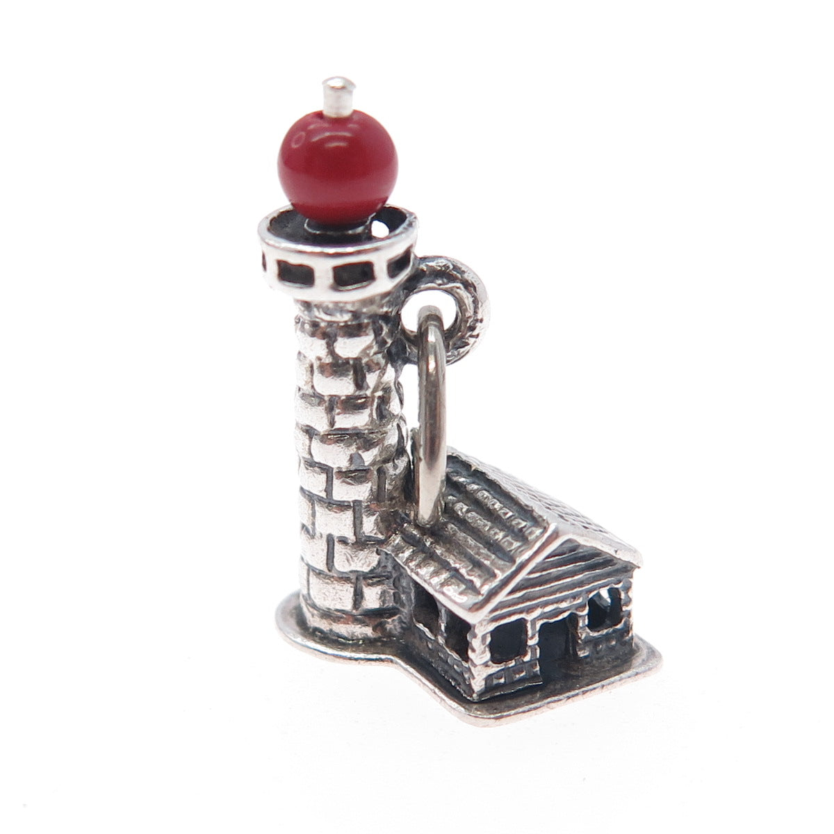 BEAU CRAFT 925 Sterling Antique Art Deco Real Coral Lighthouse Mini 3D Pendant