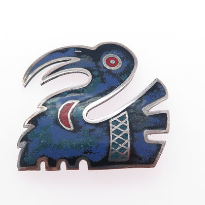 925 Sterling Silver Vintage Enamel Tribal Bird Oxidized Pin Brooch