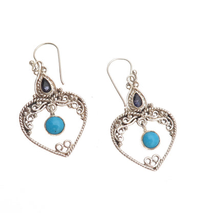 925 Sterling Silver Vintage Real Turquoise Iolite Heart Oxidized Dangle Earrings