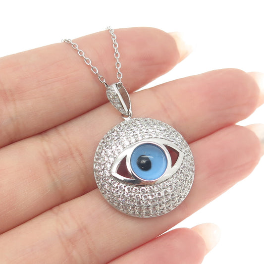 925 Sterling Silver Pave C Z & Glass Evil Eye Pendant Cable Chain Necklace 18"