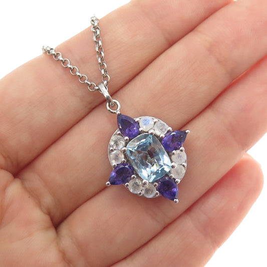DSMK 925 Sterling Silver Real Amethyst Moonstone & Blue Topaz Necklace 18-20"
