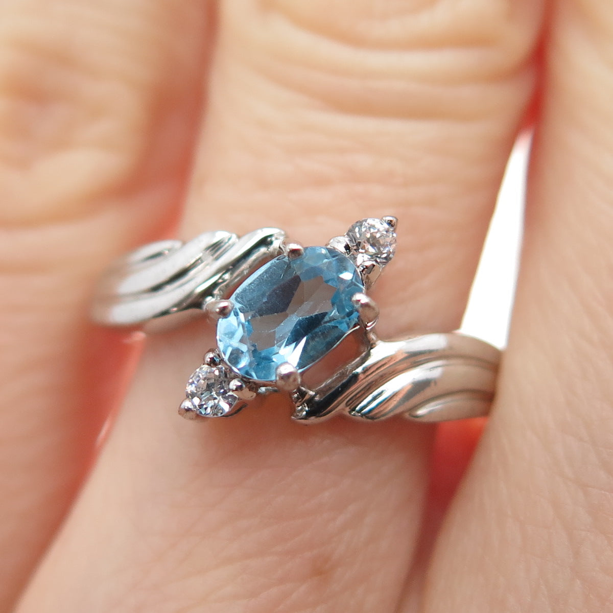 925 Sterling Silver Real Blue Topaz & Round-Cut C Z Bypass Ring Size 6