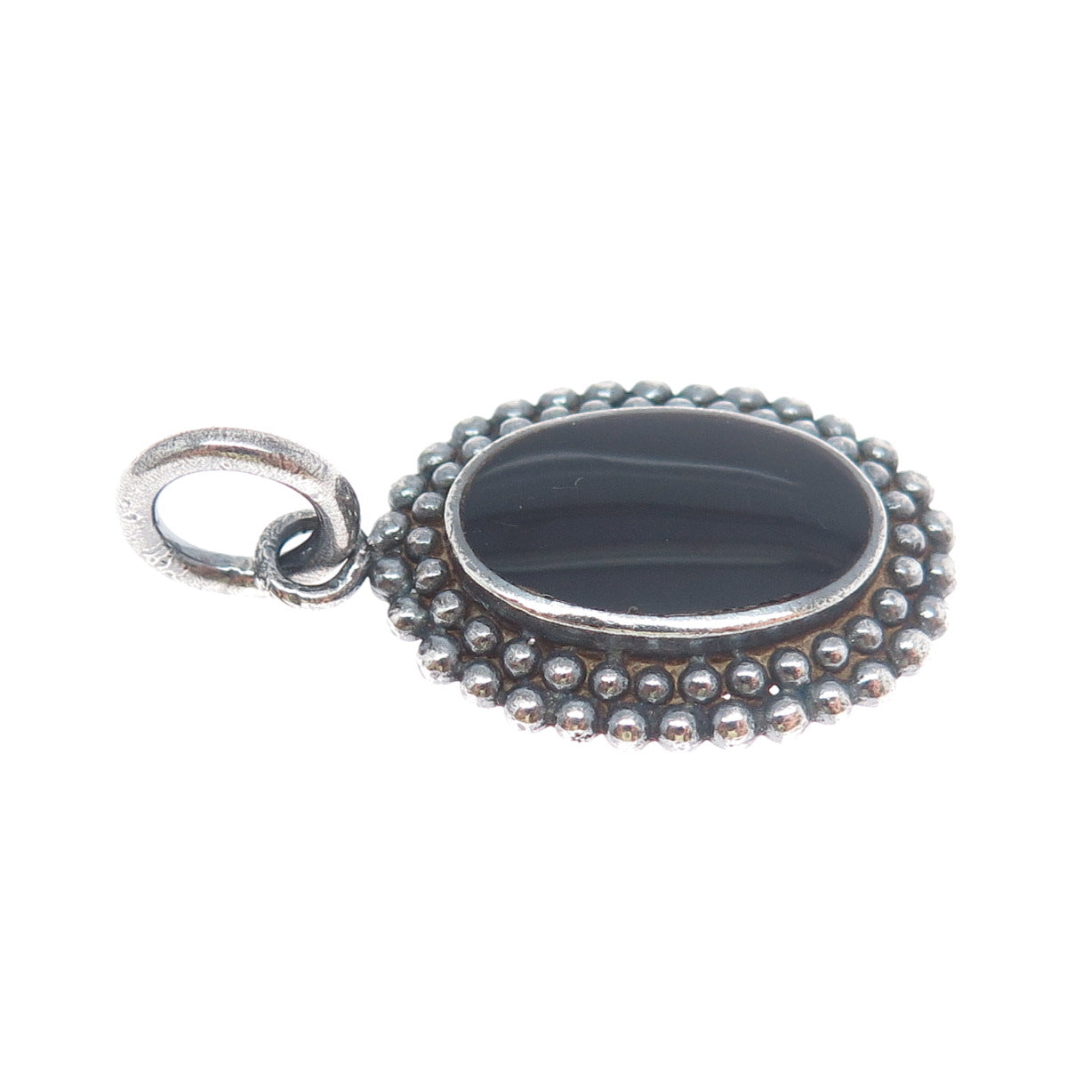 925 Sterling Silver Vintage Real Black Onyx Beaded Oxidized Charm Pendant