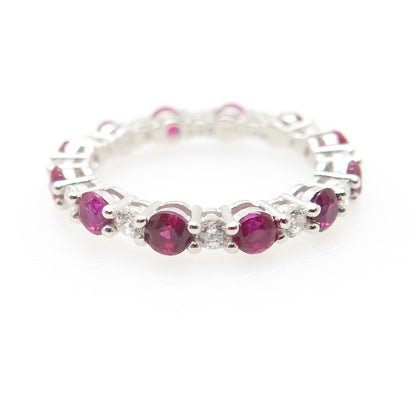 925 Sterling Silver Real Pink Sapphire & C Z All Around Eternity Ring Size 6