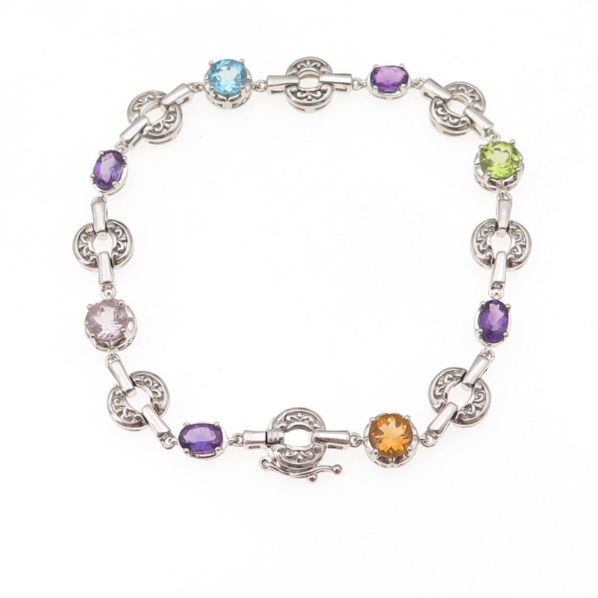 925 Sterling Silver Real Blue Topaz Amethyst Peridot & Citrine Bracelet 8"