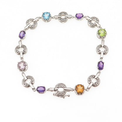 925 Sterling Silver Real Blue Topaz Amethyst Peridot & Citrine Bracelet 8"