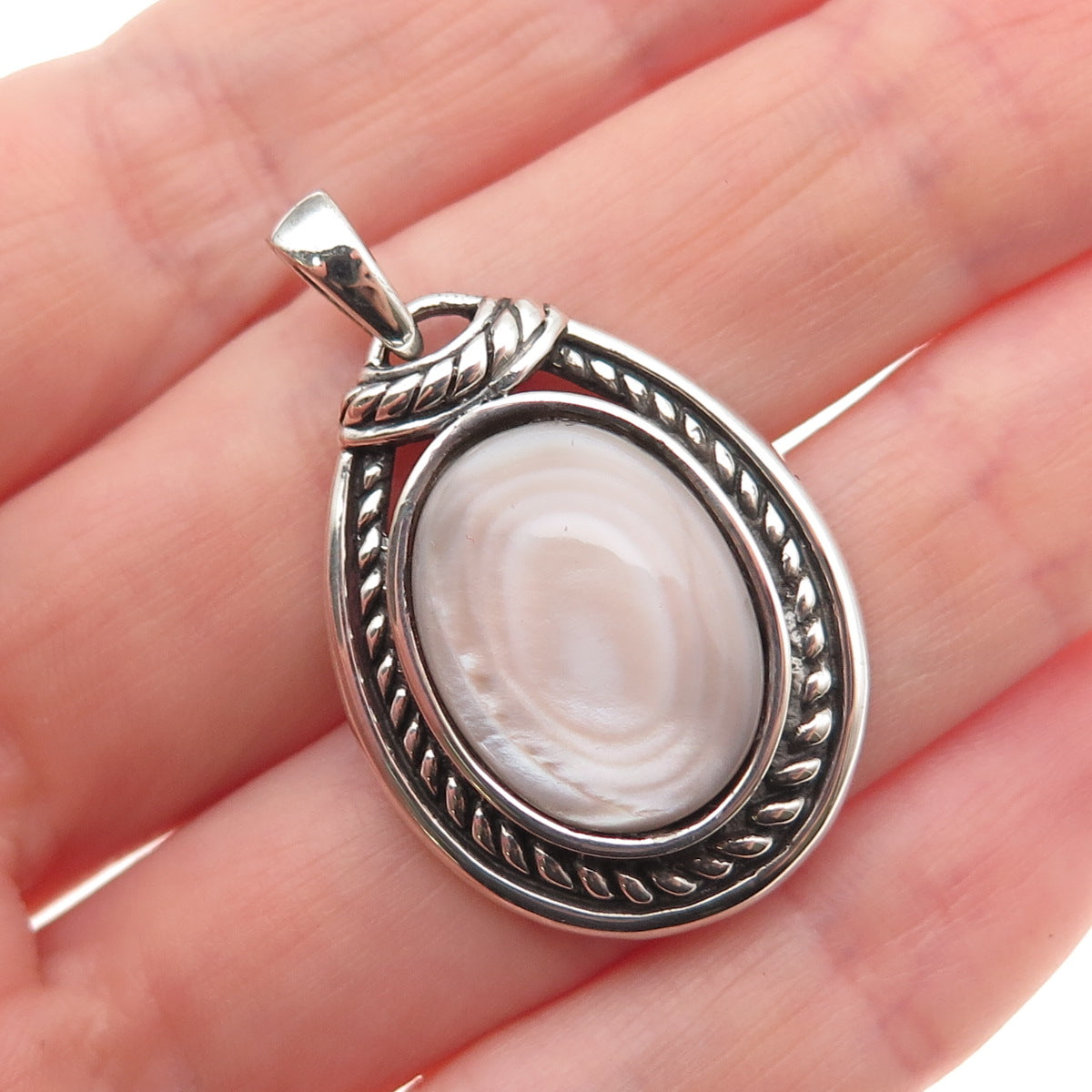 925 Sterling Silver Vintage Real MOP Teardrop Oxidized Charm Pendant
