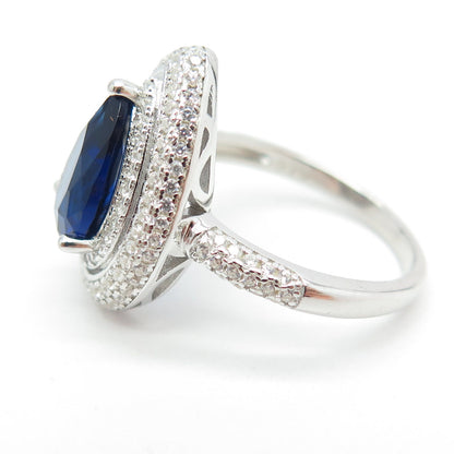 925 Sterling Silver Pear & Round-Cut Blue White C Z Ring Size 8