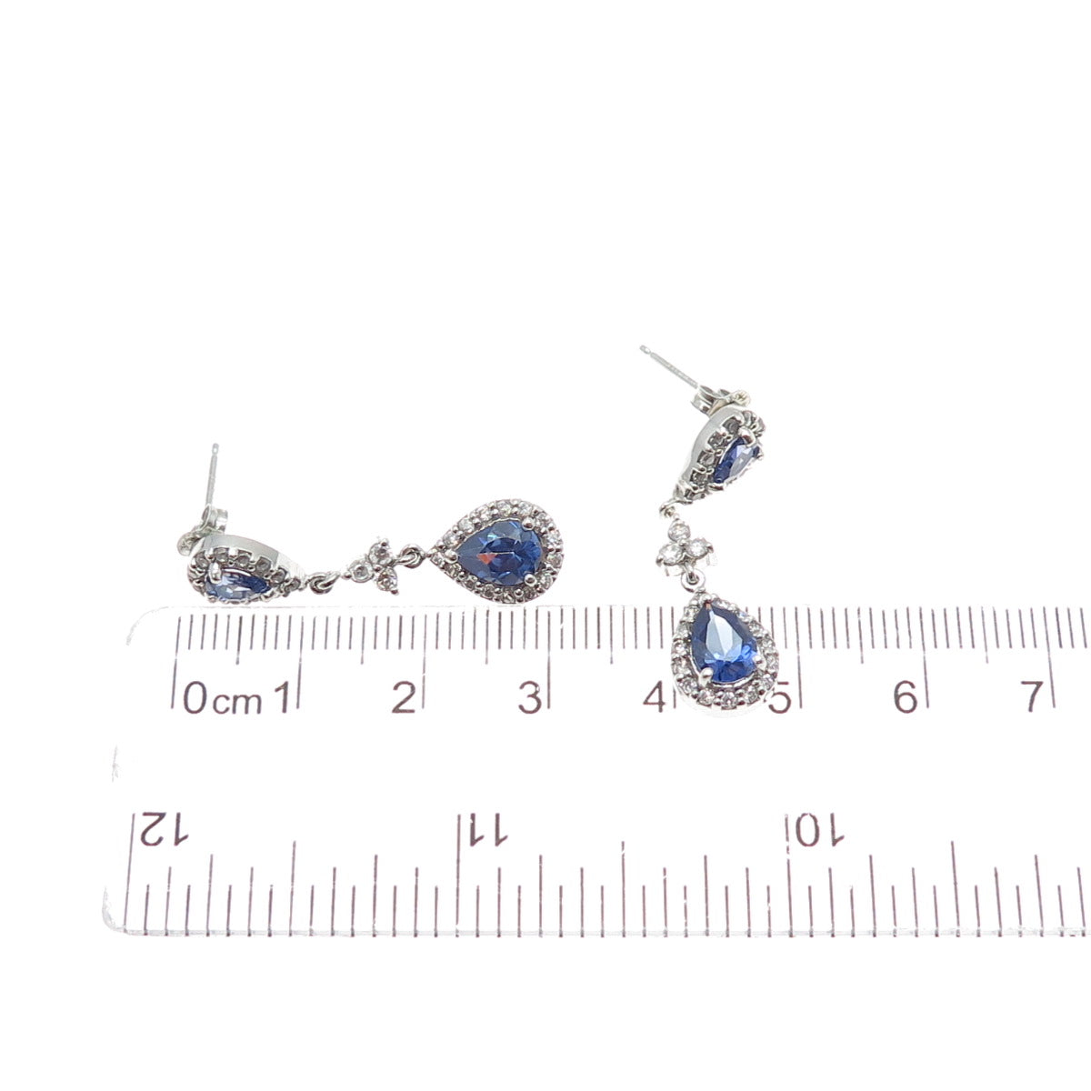 925 Sterling Silver Pear-Cut Blue & Round-Cut White C Z Dangle Earrings