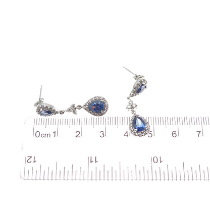 925 Sterling Silver Pear-Cut Blue & Round-Cut White C Z Dangle Earrings