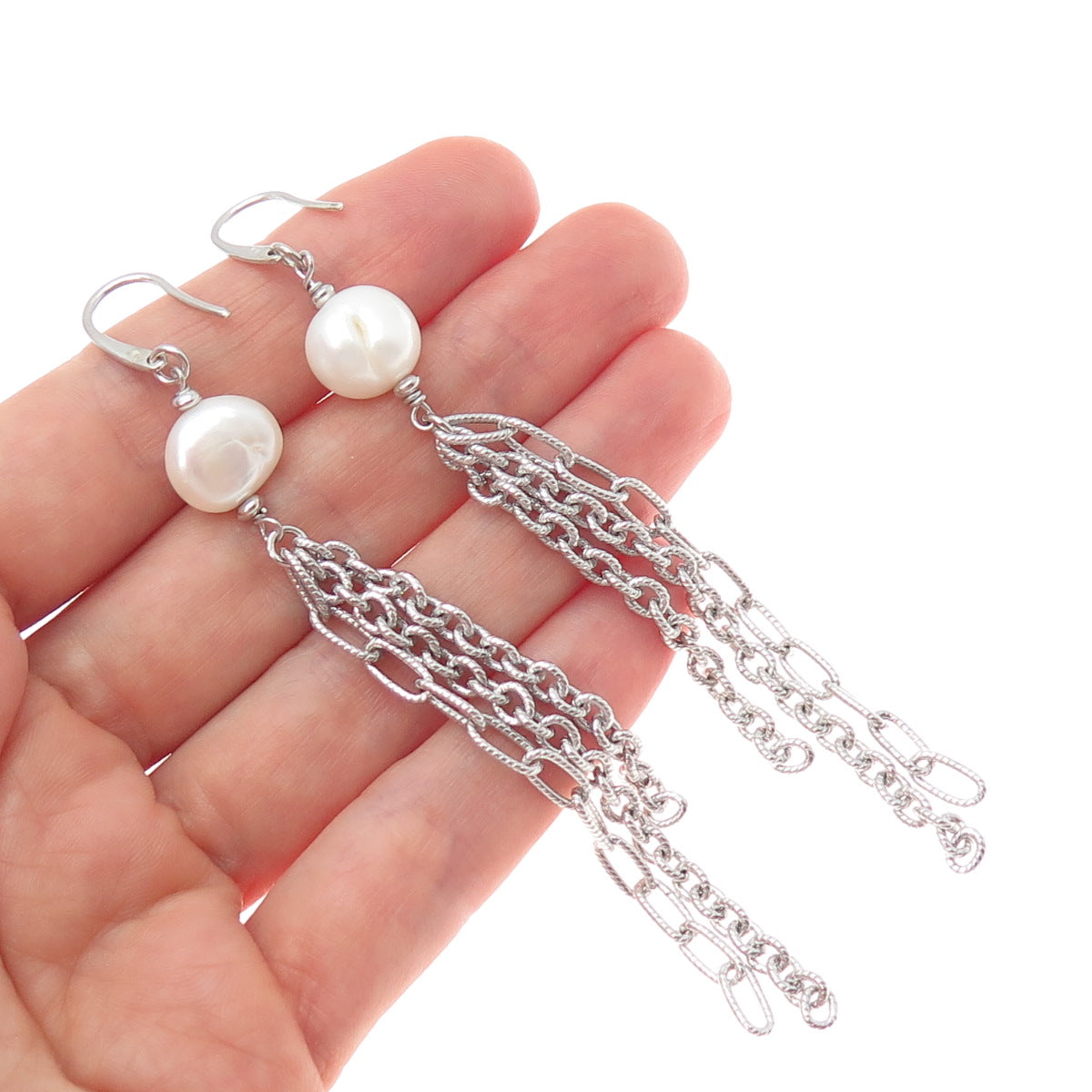925 Sterling Silver Vintage Italy Real Baroque Pearl Tassel Dangle Earrings