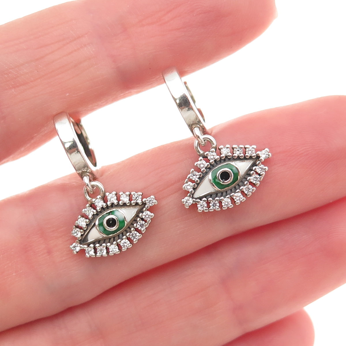 925 Sterling Silver Enamel & C Z Evil Eye Dangle Charm Hoop Earrings