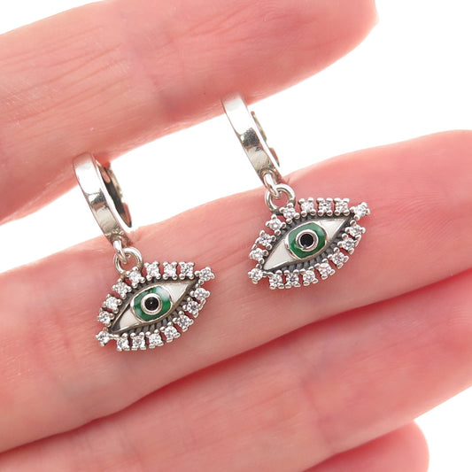 925 Sterling Silver Enamel & C Z Evil Eye Dangle Charm Hoop Earrings