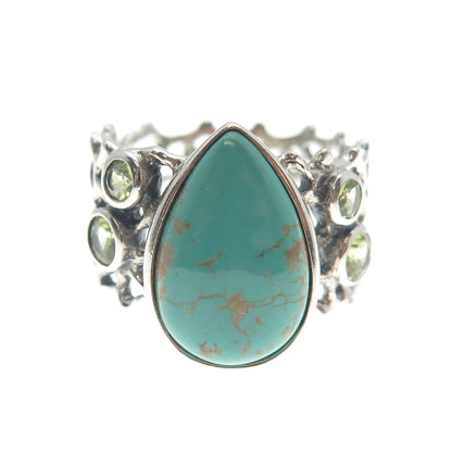 SUN WEST 925 Sterling Vintage Lone Mountain Turquoise & Peridot Ring Size 11.5