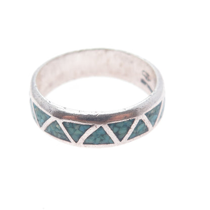 SILVER CLOUD Old Pawn 925 Sterling Vintage Turquoise Inlay Band Ring Size 11.25