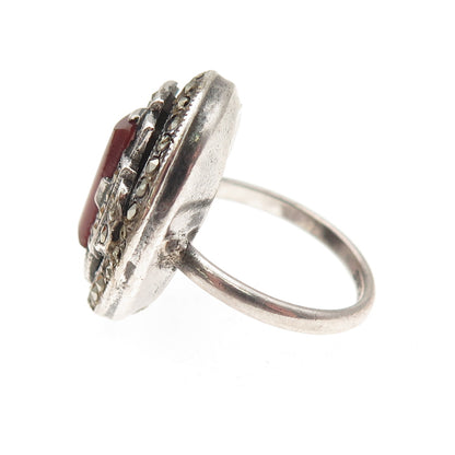925 Sterling Silver Antique Art Deco Real Carnelian & Marcasite Ring Size 5