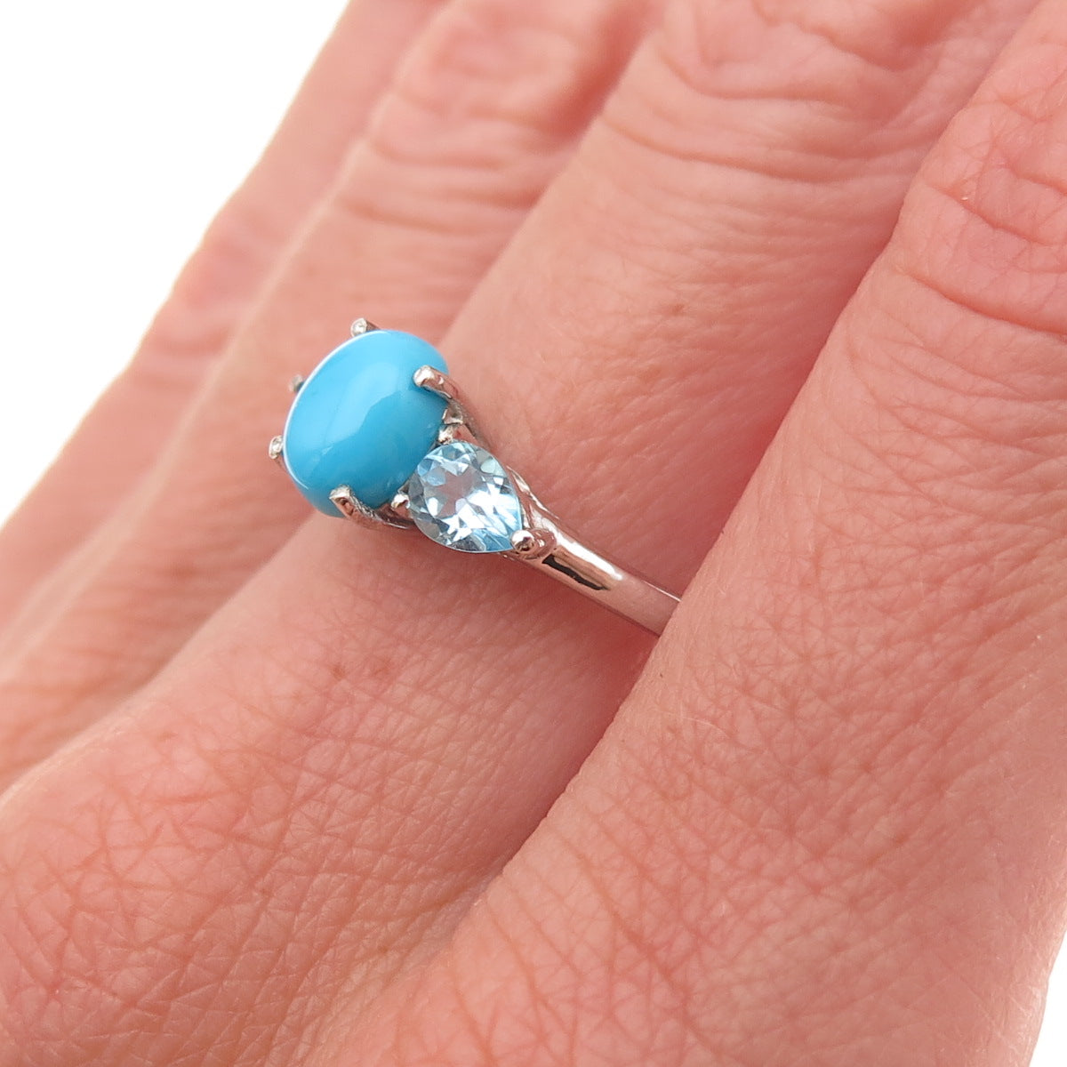 Chuck Clemency 925 Sterling Silver Real Turquoise & Blue Topaz Ring Size 8.25