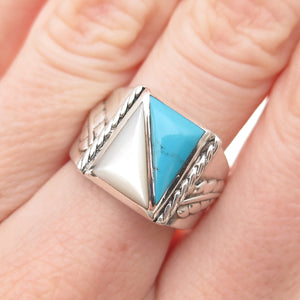 Silver Cloud Old Pawn 925 Sterling Vintage Turquoise & MOP Feather Ring Size 7